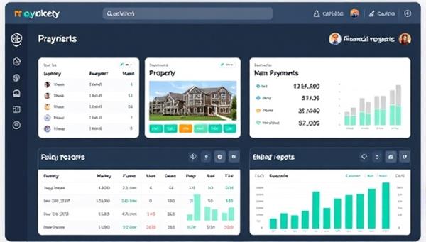 A digital dashboard displaying property listings, rent payments, maintenance requests, and financial reports, with a sleek and modern interface, representing the efficiency and organization of virtual property management services.