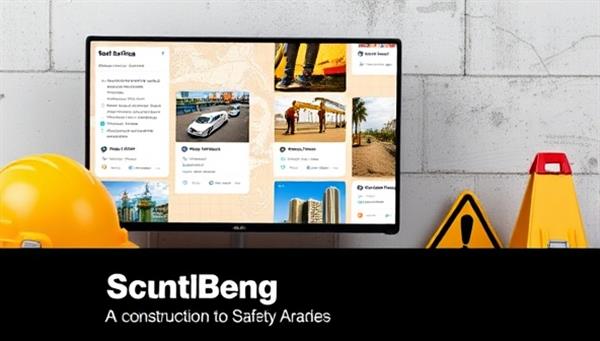 An online course module interface with interactive safety training exercises, construction site simulations, and progress trackers, alongside safety gear and caution signs, illustrating the commitment to safety education in construction through SafeBuild Academy.