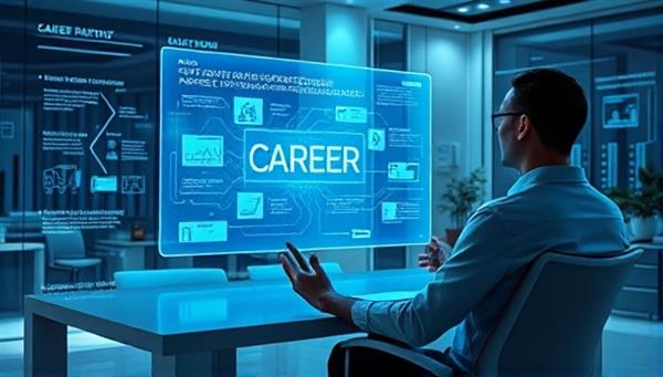 A futuristic office setting with a person interacting with a virtual AI career coach on a holographic display, surrounded by digital career pathways and success stories, showcasing innovation and personalized guidance.