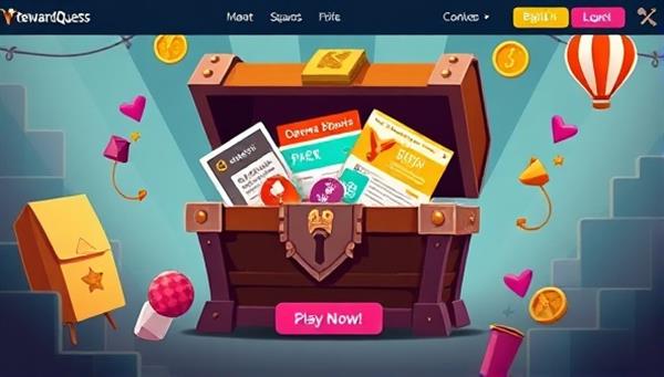 An engaging game interface with a virtual rewards chest opening to reveal exciting prizes and discounts, surrounded by playful animations and colorful graphics, illustrating the fun and rewarding experience of using RewardQuest