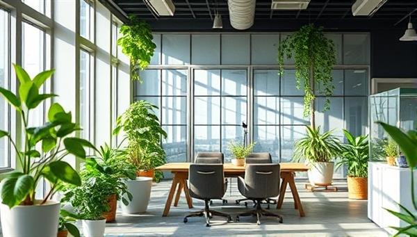 A modern office setting with eco-friendly design elements such as plants, natural light, and recycled furniture, symbolizing sustainability and a green business approach.