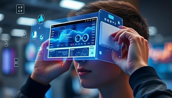 An individual using AR glasses to view a holographic representation of a website design floating in a real-world setting, surrounded by interactive elements and animations, illustrating the immersive and futuristic AR website showcase experience.