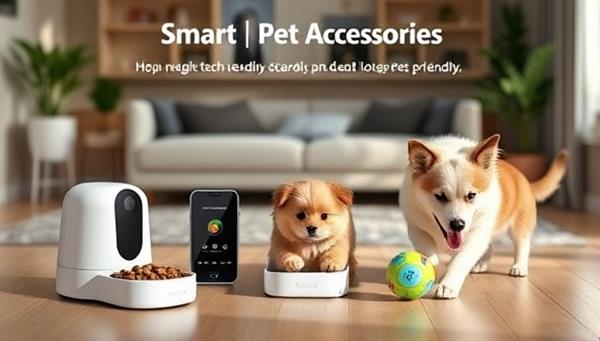 An array of smart tech pet accessories displayed in a modern pet-friendly living space, showcasing a smart feeder, health monitor, and interactive toy, with a happy pet interacting with the devices, emphasizing convenience and pet well-being.