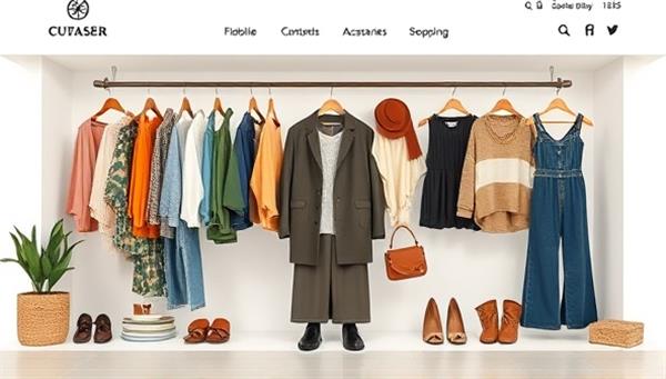An aesthetically pleasing digital storefront displaying a variety of stylish second-hand clothing items, sustainable accessories, and eco-friendly fashion pieces, arranged in a visually appealing layout that conveys a sense of eco-chic style and conscious shopping.