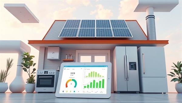 An image of a modern smart home setup with energy-efficient appliances, solar panels on the roof, and the EcoWatt Insight monitoring system displayed on a tablet, showing real-time energy usage data and cost-saving recommendations, creating a futuristic and eco-friendly living environment.