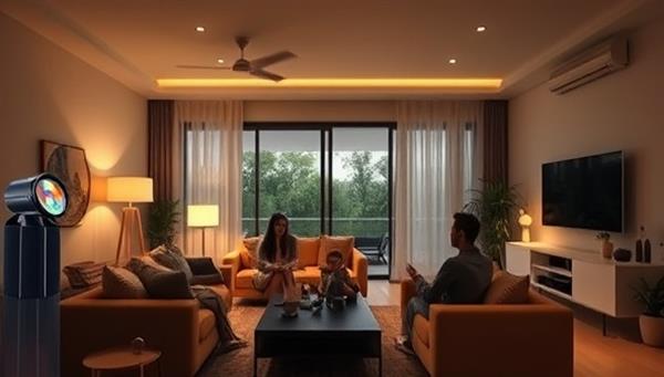 A modern living room equipped with smart home devices, including voice-activated assistants, automated lights, and climate control systems, with a family enjoying the convenience and comfort of a fully automated home, reflecting the futuristic and user-friendly nature of IntelliHive Solutions.