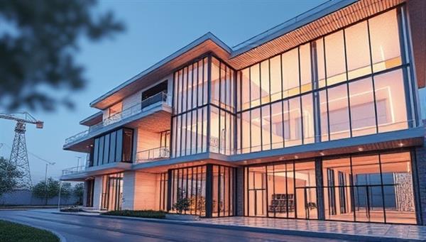 A stunning 3D rendering of a modern architectural design, showcasing intricate details, textures, and lighting effects, illustrating the high-quality visualization services offered by VirtuBuild Visuals for construction projects.