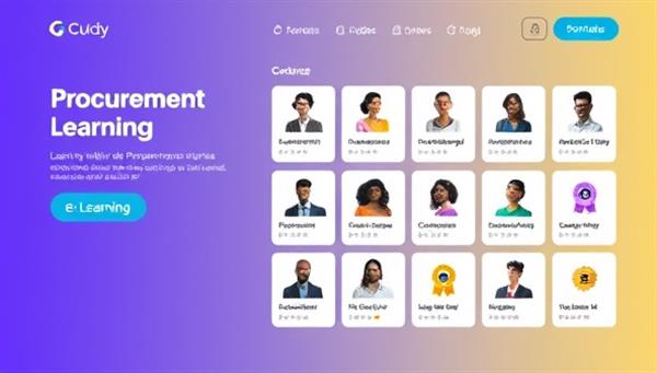 An e-learning platform interface with diverse professionals engaging in virtual procurement training courses, with interactive modules, progress trackers, and certification badges, highlighting continuous learning and skill development.