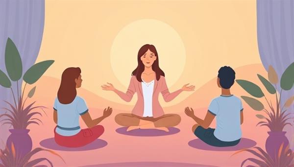 An inspiring digital illustration of a virtual wellness coach leading a group meditation session with remote employees, surrounded by calming nature elements and positive energy, illustrating the WellnessWave Connect platform