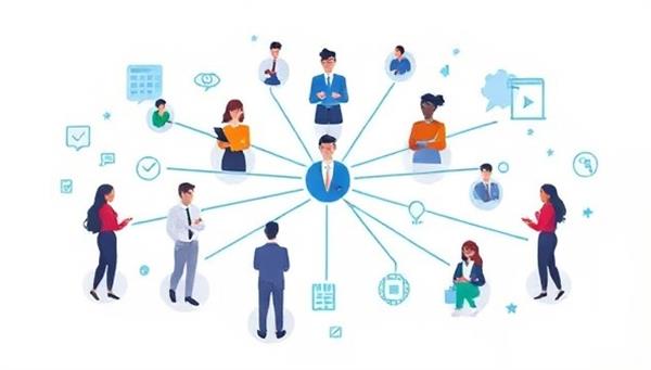 An engaging digital illustration of a network of employees referring talented professionals to join their organization, symbolizing a collaborative and interconnected referral ecosystem.