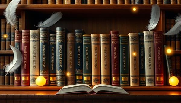 An elegant bookshelf with custom-made books featuring subscriber names on the spines, surrounded by whimsical literary elements like floating feathers and glowing orbs, symbolizing personalized storytelling magic.