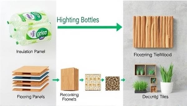 An image illustrating the transformation process of recycled materials like plastic bottles and wood into high-quality building materials such as insulation panels, flooring tiles, and decorative elements, showcasing the eco-friendly and innovative nature of the products.