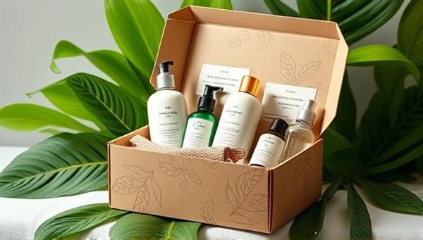 An eye-catching image featuring a beautifully designed eco-friendly beauty subscription box filled with natural skincare products, recyclable packaging materials, and a leafy green backdrop, conveying the essence of sustainability and luxury in beauty.