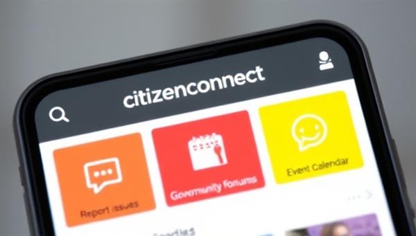 A smartphone screen displaying the CitizenConnect app interface, with colorful icons for reporting issues, community forums, event calendars, and government feedback channels, symbolizing connectivity and community engagement.