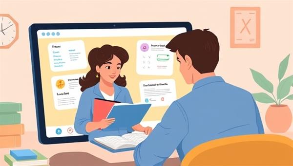 An illustration of a student and a tutor engaging in a virtual tutoring session on a digital device, with personalized study materials and interactive tools visible on the screen, showcasing the convenience and effectiveness of online tutoring through TutorMatch Pro.