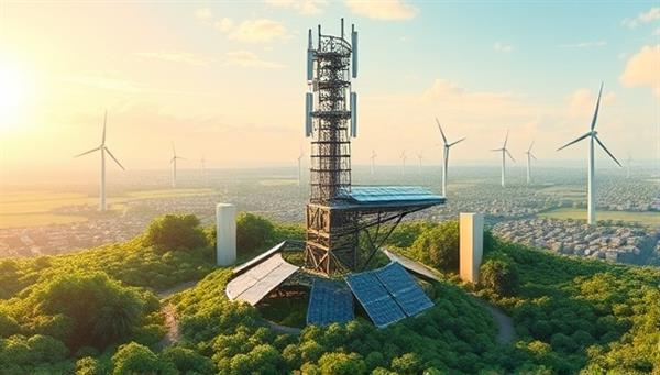 An artistic rendering of a futuristic eco-friendly telecommunication tower surrounded by lush greenery, with solar panels integrated into the structure and wind turbines in the background, highlighting the sustainable and innovative approach of GreenTower Tech to telecommunication infrastructure.