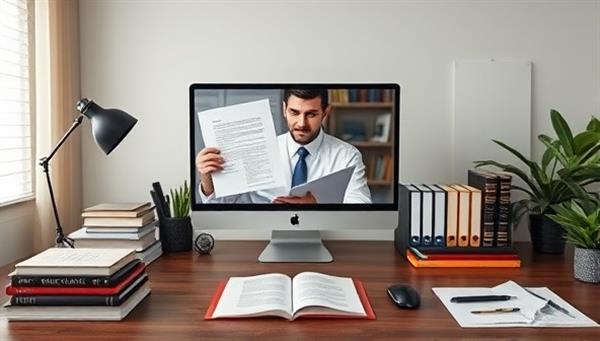 An organized virtual legal office setup with a lawyer reviewing documents on a computer screen, legal books and references, a virtual client meeting in progress, and a professional and trustworthy legal consultation environment, illustrating the essence of remote legal document review and consulting services.