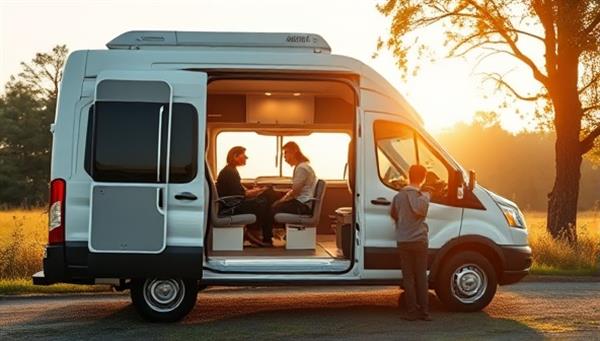 An inviting image of a mobile therapy van parked in a serene natural setting, with soft lighting, comfortable seating, and a therapist engaging in a counseling session with a client, conveying a sense of comfort, privacy, and mental well-being.