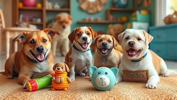 A playful scene with pets enjoying personalized toys in a vibrant, pet-friendly environment, capturing the joy and engagement brought by personalized pet playthings.