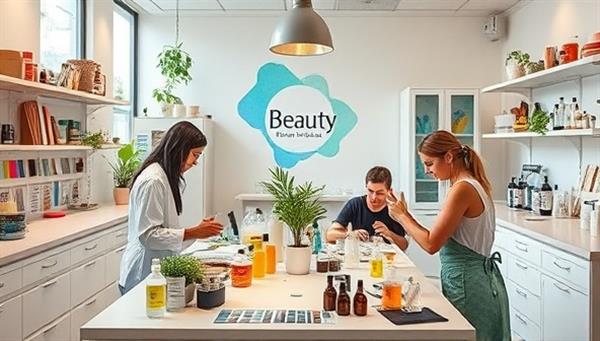 A vibrant and creative workspace within the BloomSeed Beauty Lab, showcasing beauty entrepreneurs formulating products, testing ingredients, and designing packaging, surrounded by colorful swatches, botanical extracts, and innovative beauty prototypes, symbolizing innovation and growth in the niche beauty industry.