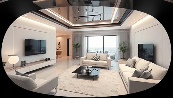 A futuristic living room design displayed in virtual reality, featuring sleek furniture, smart home devices, and customizable elements, illustrating the immersive and interactive nature of the VR design consultancy service.