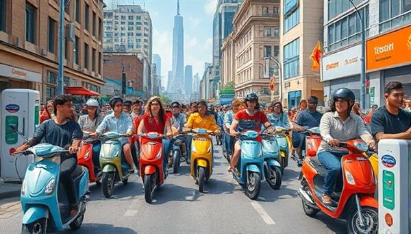 An artistic representation of a bustling city street filled with diverse individuals riding colorful electric scooters, with charging stations and city landmarks in the background, showcasing a sustainable and vibrant urban mobility scene, conveying freedom, efficiency, and eco-consciousness.