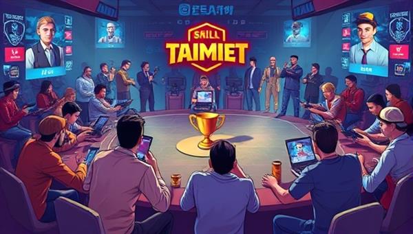 An illustration of a competitive mobile gaming tournament on the SkillQuest Gaming platform, showcasing players engaged in intense gameplay, virtual trophies and rewards, and a vibrant gaming community atmosphere, highlighting the excitement and competitiveness of skill-based mobile gaming challenges.