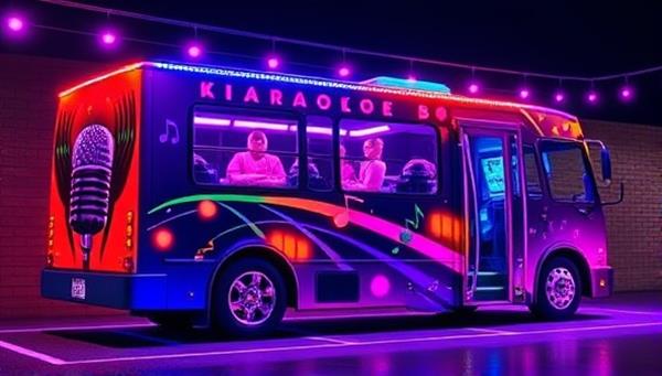 A vibrant and colorful karaoke bus exterior design featuring musical notes, microphones, and a lively atmosphere, illustrating a fun and festive karaoke experience on wheels.
