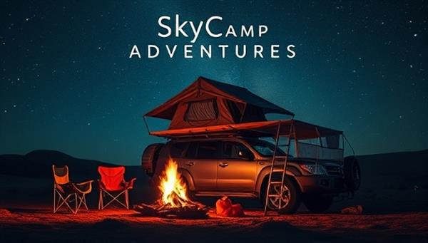 An immersive camping scene featuring a roof-top tent perched on a vehicle under a starry night sky, with a cozy campfire, camping chairs, and outdoor gear set up around the tent, creating a sense of adventure and relaxation synonymous with SkyCamp Adventures