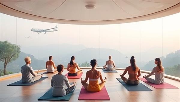 An immersive and serene digital retreat environment featuring virtual yoga sessions, mindfulness workshops, and nature sounds, with a diverse group of participants engaging in wellness activities and finding inner peace and balance in a digital sanctuary.