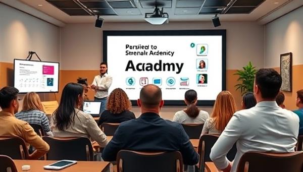An online academy scene with a virtual classroom setting, featuring a diverse group of students engaged in a personal branding workshop, digital screens displaying branding tools, and a mentor providing guidance, symbolizing learning and empowerment in brand building.