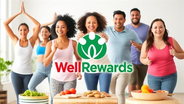 An engaging visual of a diverse group of individuals participating in wellness activities such as yoga, running, and healthy cooking, with the WellRewards logo displayed prominently, symbolizing the integration of insurance incentives with a healthy lifestyle.