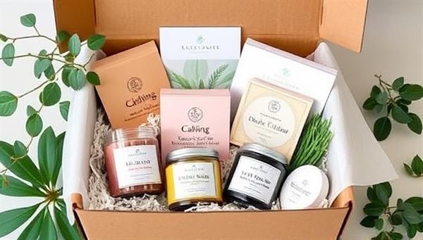 A beautifully designed subscription box filled with calming candles, soothing teas, mindfulness journals, and relaxation tools, surrounded by greenery and natural elements, evoking a sense of tranquility and self-care.