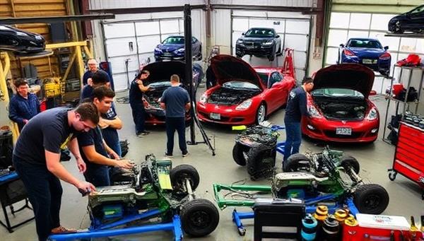 A vibrant workshop setting featuring a group of enthusiasts working on various car maintenance tasks using professional tools and equipment, with an experienced instructor providing guidance and support, creating a collaborative and educational atmosphere reflective of AutoCraft Garage