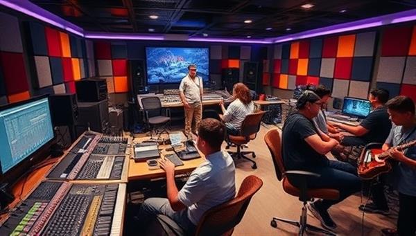 An immersive virtual music studio environment with digital mixing boards, MIDI controllers, and a diverse group of students working on music projects together, capturing the collaborative and creative essence of BeatForge Studios.