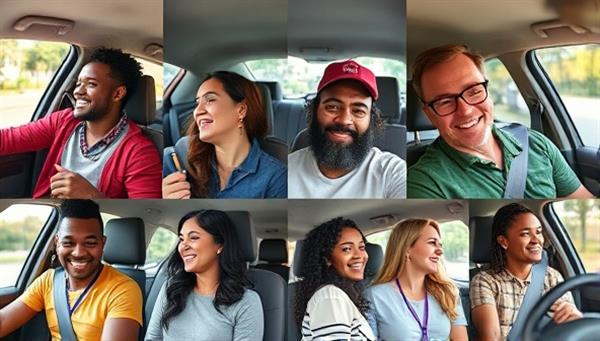An engaging collage of diverse individuals sharing a ride, chatting and smiling during their commute, showcasing the social and environmental benefits of joining the CommuniRide Club carpooling network.