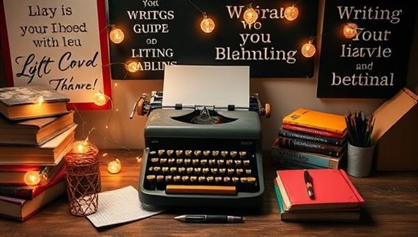An artistic and inspiring writing desk setup with a vintage typewriter, colorful notebooks, pens, and a stack of books, surrounded by fairy lights and inspirational quotes, creating a cozy and creative atmosphere for writing and storytelling.