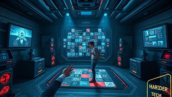 An immersive virtual reality scene showing a player solving a complex puzzle in a futuristic virtual room, surrounded by interactive elements and mysterious clues, creating an atmosphere of suspense and excitement.