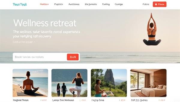 An online marketplace interface showcasing a variety of wellness retreat options, with serene images of yoga sessions on the beach, meditation in nature, and spa treatments, inviting users to explore and book transformative travel experiences for rejuvenation and self-discovery.