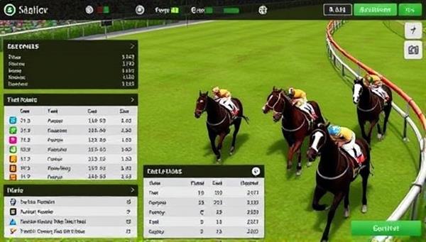 A dynamic visual representation of a virtual horse racing simulator interface with detailed horse models, race statistics, and a virtual betting slip, capturing the excitement and realism of E-Quest Racing.
