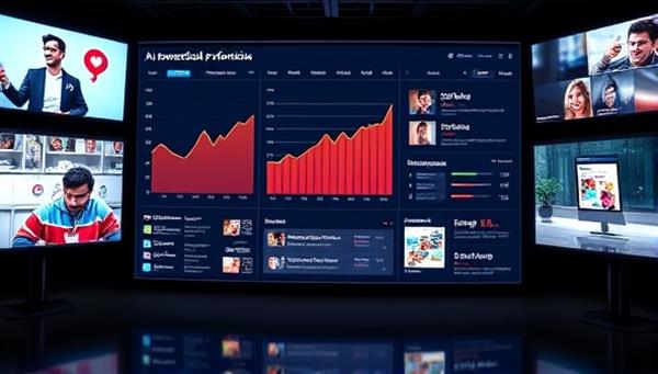 An AI-powered dashboard displaying real-time social media performance metrics and recommendations, surrounded by digital screens showing engaging social media content, illustrating the platform