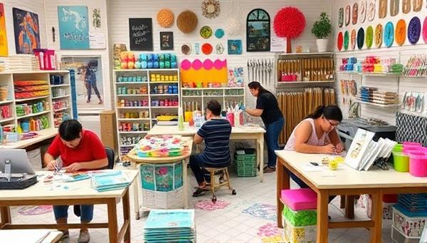 A vibrant craft studio filled with colorful materials, tools, and finished decor projects, with customers crafting, painting, and assembling creations, surrounded by inspirational wall art and decor displays, showcasing a creative and welcoming DIY atmosphere.
