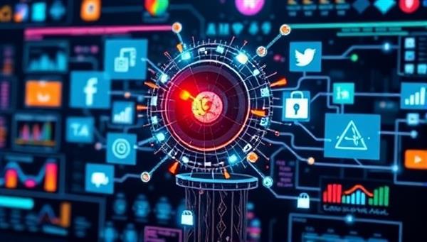 A visually striking image of a futuristic AI interface analyzing social media data and generating personalized content strategies for various platforms, symbolizing innovation and efficiency.