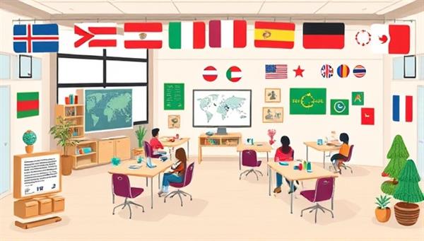 An engaging language learning community platform design featuring virtual language classrooms, interactive study groups, global language flags, and diverse cultural elements, creating a vibrant and inclusive space for language enthusiasts to connect, learn, and practice together.