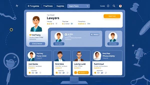 A digital illustration of a virtual marketplace interface showing profiles of freelance lawyers with their expertise, ratings, and services offered, creating a dynamic and interactive platform for legal services on-demand.