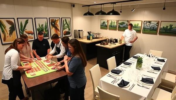 An interactive culinary studio setting with guests participating in a sushi-making class, a chef demonstrating knife skills at a cooking station, and a beautifully set dining table for a multi-course dinner event, highlighting the engaging and hands-on experience at Gourmet Fusion Studio.