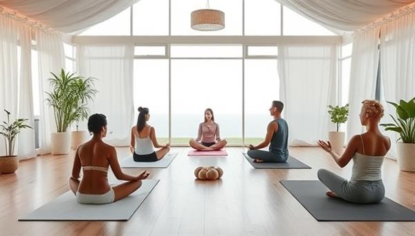A tranquil virtual wellness retreat setting with participants engaging in yoga poses, meditation practices, and mindfulness exercises in a serene and calming online space that promotes relaxation, inner peace, and emotional well-being for a diverse audience seeking holistic healing.