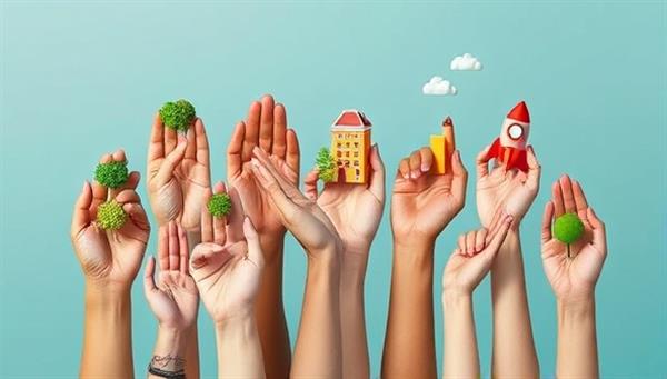 An artistic representation of diverse hands holding miniature investment symbols like tiny trees, buildings, and rockets, illustrating the concept of collective micro-investing and growth.