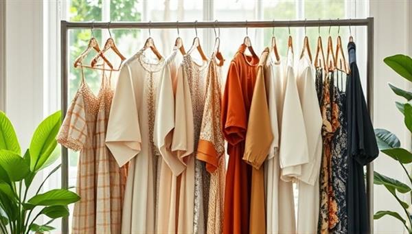 An artistic display of a clothing rack filled with elegant, sustainable garments in a bright, eco-friendly setting, symbolizing style and sustainability intertwined beautifully.