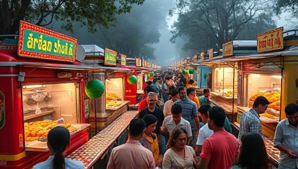 A bustling food truck market scene with colorful trucks, aromatic dishes being prepared, and customers sampling a variety of street foods, exuding a vibrant and dynamic atmosphere of culinary exploration and community gathering.
